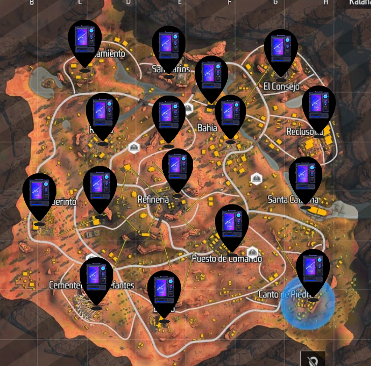 Ubicación de las tiendas en el mapa de kalahari