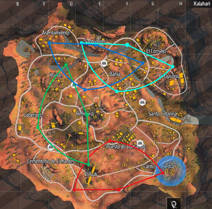 Ubicación de las lanzaderas y su radio de alcance en kalahari